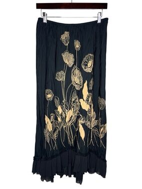 Vintage INC Black Textured Silk Floral Poppy Ruffle Trim Maxi Skirt Whimsigoth
